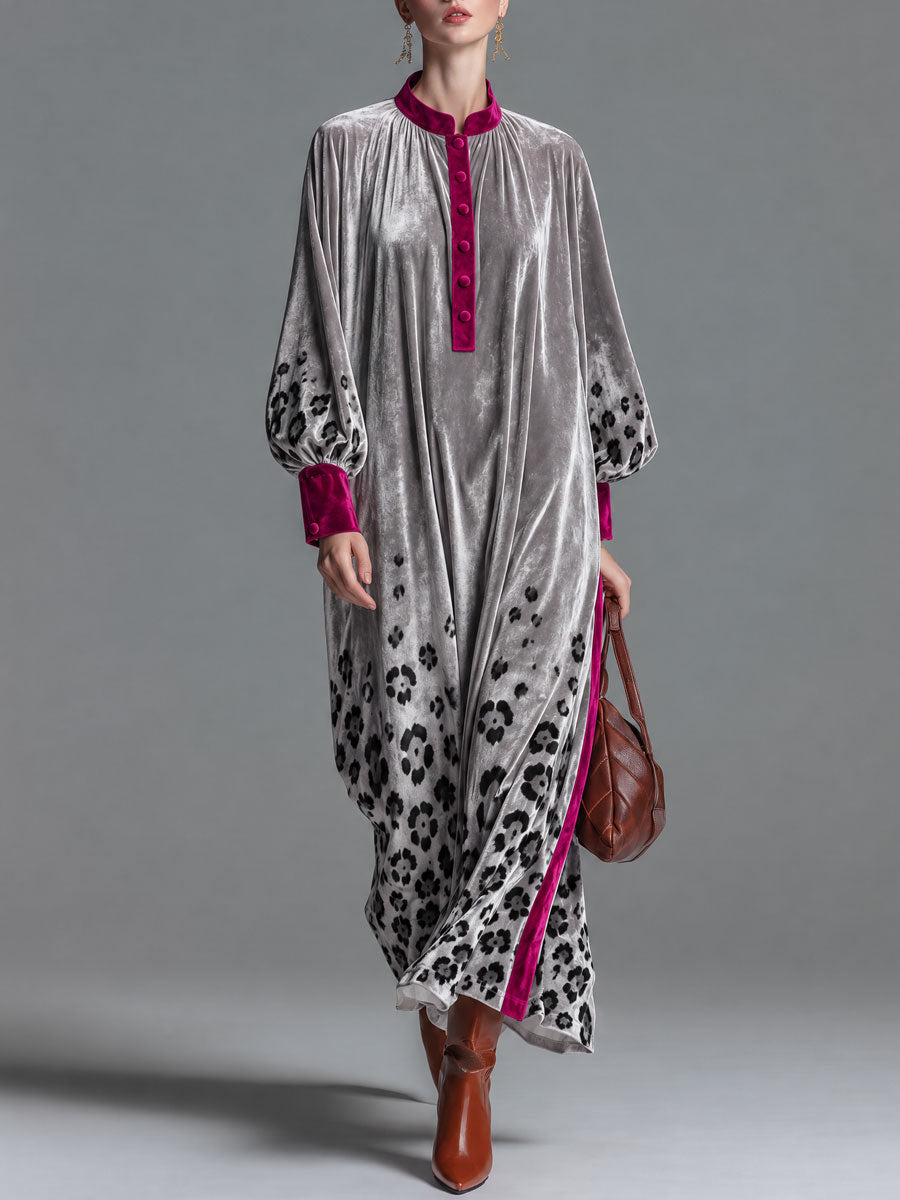 Retro Chic Color-blocked Trim And Leopard Print Silver Henley Collar Velvet Maxi Dress  - By Qivii
