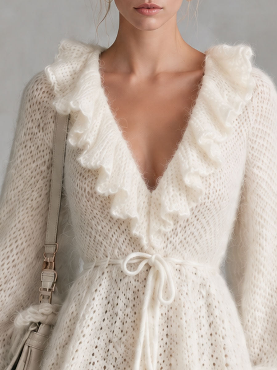 Retro Elegant Waist-tie Off-white Ruffled V-neck Knit Mini Dress  - By Qivii