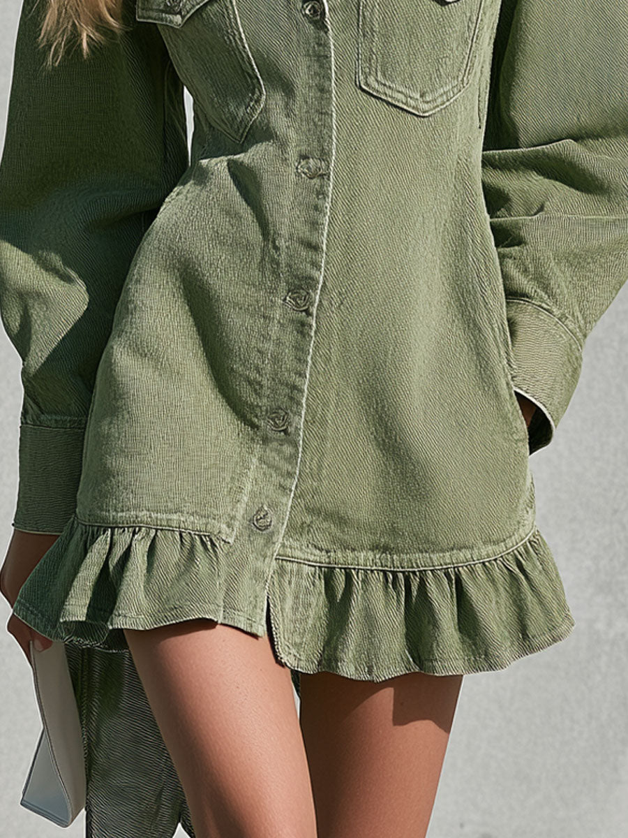 Vintage faded green denim long-sleeved ruffle mini dress by Oyrosy Clothing, with a casual and feminine style.