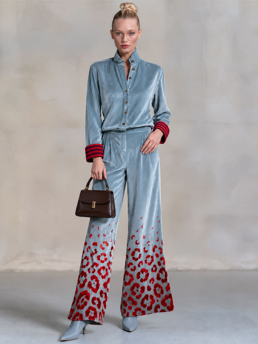 Retro-elegant Color-blocked Striped And Leopard Print Blue Velvet Shirt And Trousers Set  - By Qivii