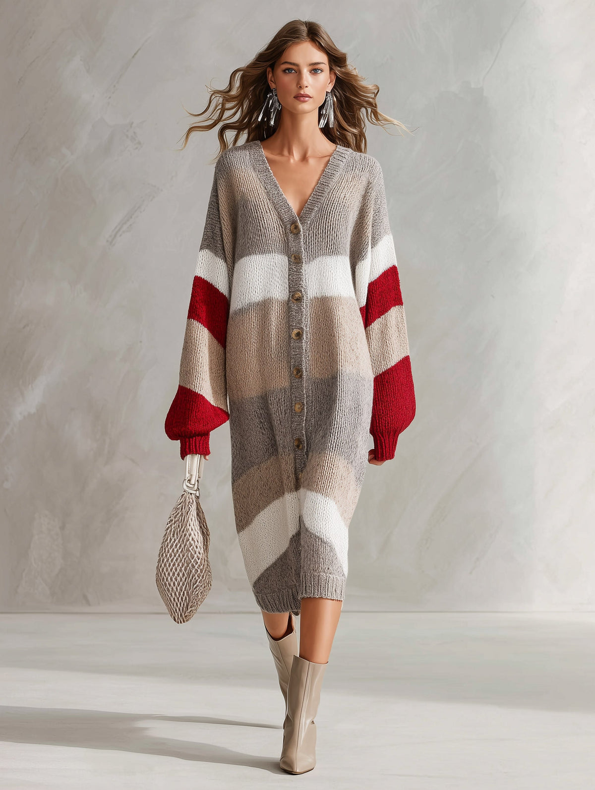 Urban-silhouette Colorblock V-neck Button-down Knit Midi Dress  - By Qivii