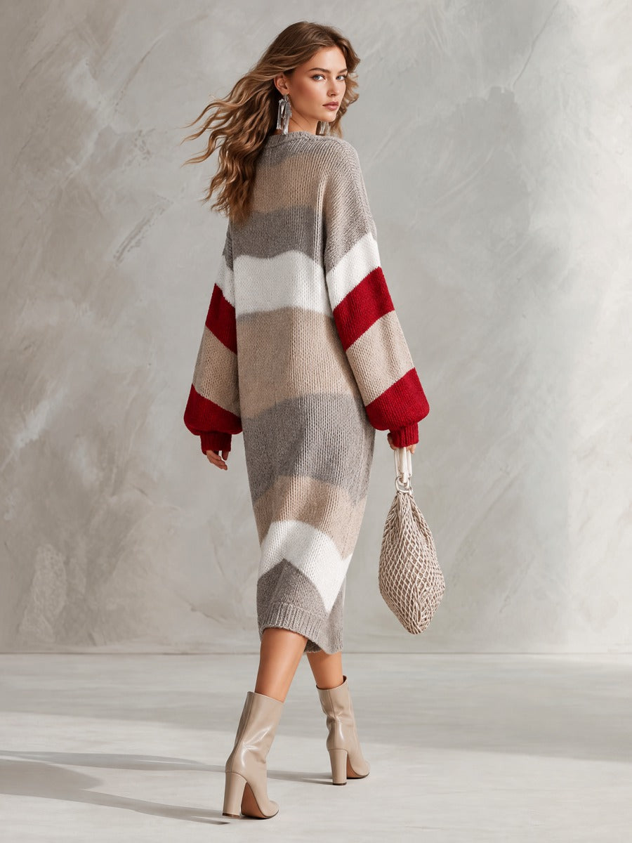 Urban-silhouette Colorblock V-neck Button-down Knit Midi Dress  - By Qivii