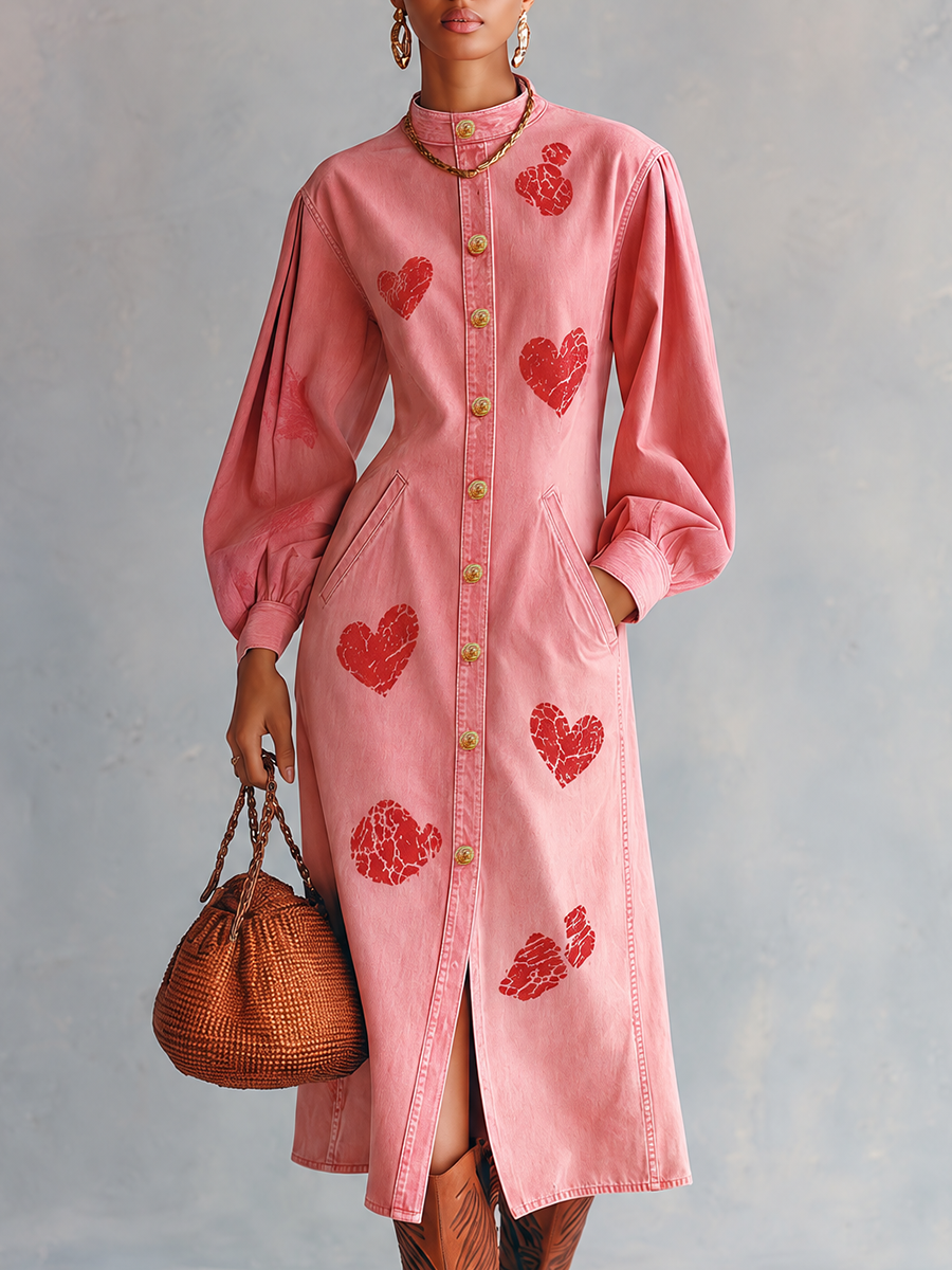 Romantic Western Pink Heart Print Puff Sleeve Button Front Denim Midi Dress  - By Qivii