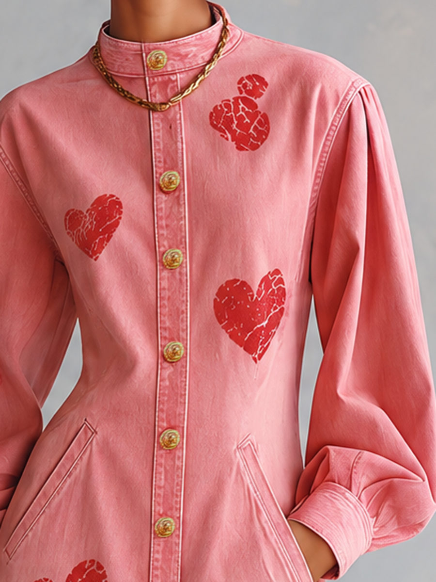 Romantic Western Pink Heart Print Puff Sleeve Button Front Denim Midi Dress  - By Qivii