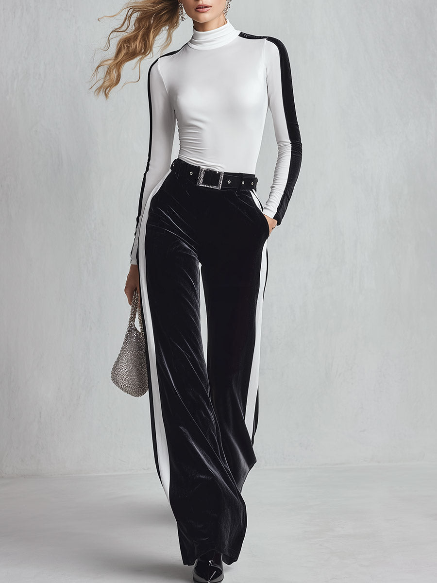 Women's Black White Colorblock Mock Neck Long Sleeve Top and Velvet Wide Leg Pants Two-Piece Sets  - By Qivii