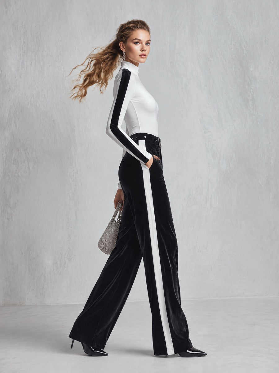 Women's Black White Colorblock Mock Neck Long Sleeve Top and Velvet Wide Leg Pants Two-Piece Sets  - By Qivii