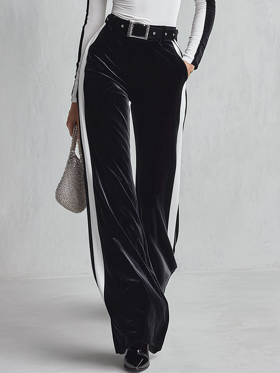 Women's Black White Colorblock Mock Neck Long Sleeve Top and Velvet Wide Leg Pants Two-Piece Sets  - By Qivii