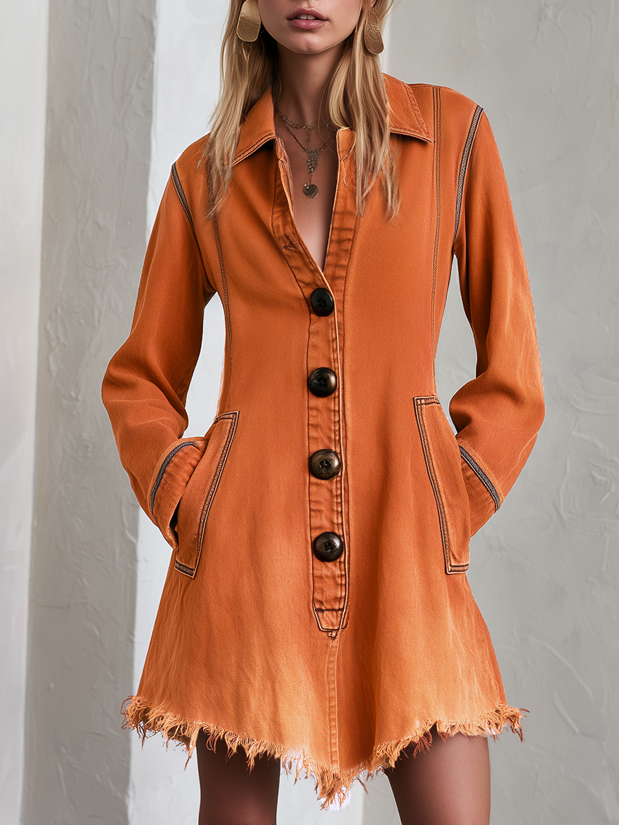 Retro Boho Burnt Orange Frayed Hem Button Front Denim Mini Dress  - By Qivii