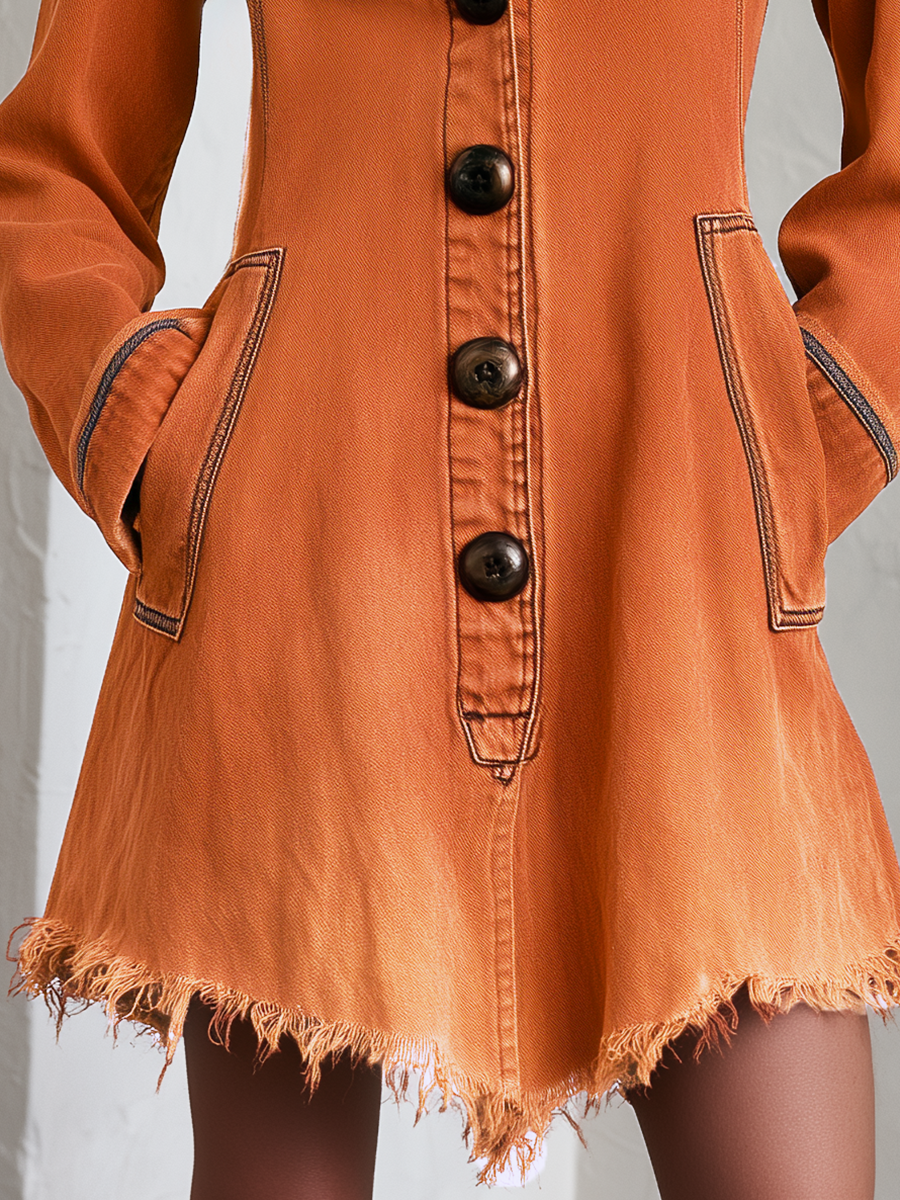 Retro Boho Burnt Orange Frayed Hem Button Front Denim Mini Dress  - By Qivii