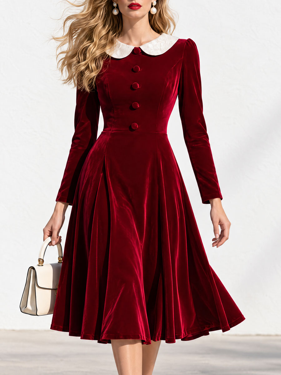 Women's Fashion Lace Collar Red Velvet A-line Midi Dress  - By Qivii
