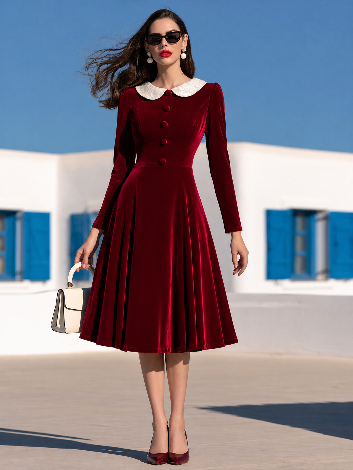 Women's Fashion Lace Collar Red Velvet A-line Midi Dress  - By Qivii