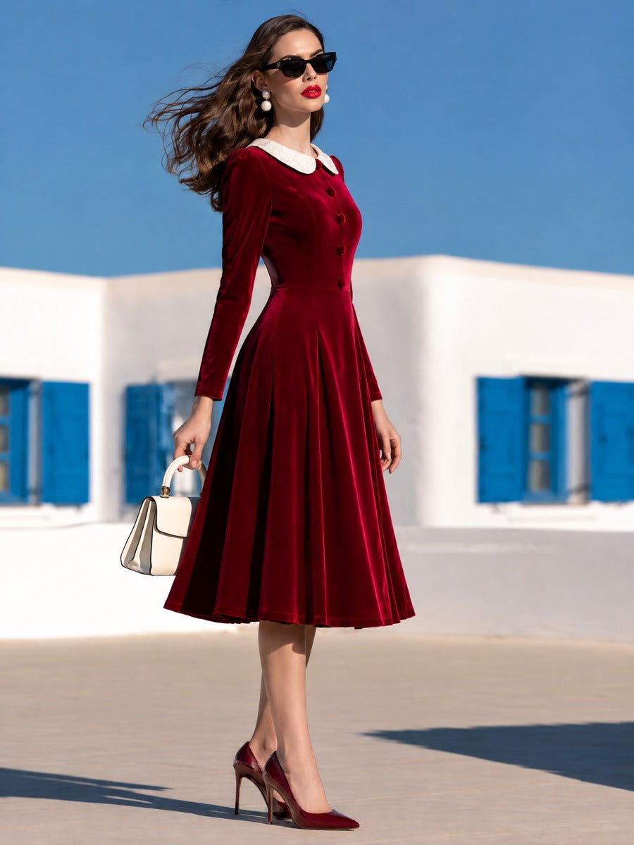 Women's Fashion Lace Collar Red Velvet A-line Midi Dress  - By Qivii