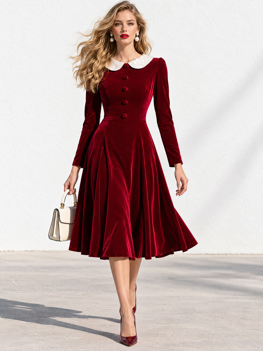 Women's Fashion Lace Collar Red Velvet A-line Midi Dress  - By Qivii