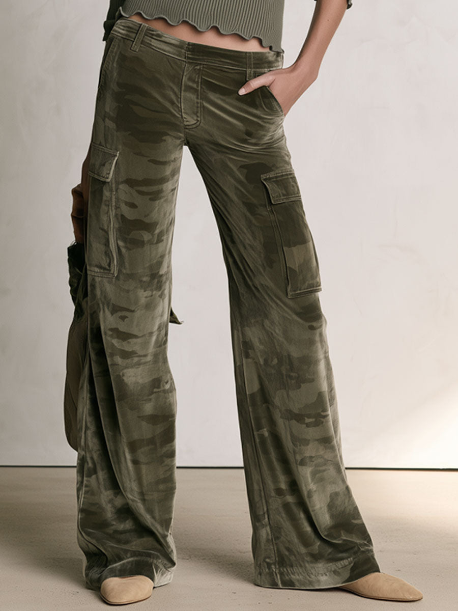 Women's Retro Military Green Wool Blend Sweater Camouflage Velvet Cargo Pants Set  - By Qivii