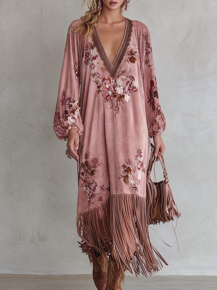 Vintage-style Fringed-hem Pink Floral-print Faux-suede Maxi Dress  - By Qivii