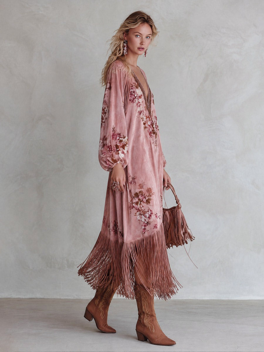 Vintage-style Fringed-hem Pink Floral-print Faux-suede Maxi Dress  - By Qivii