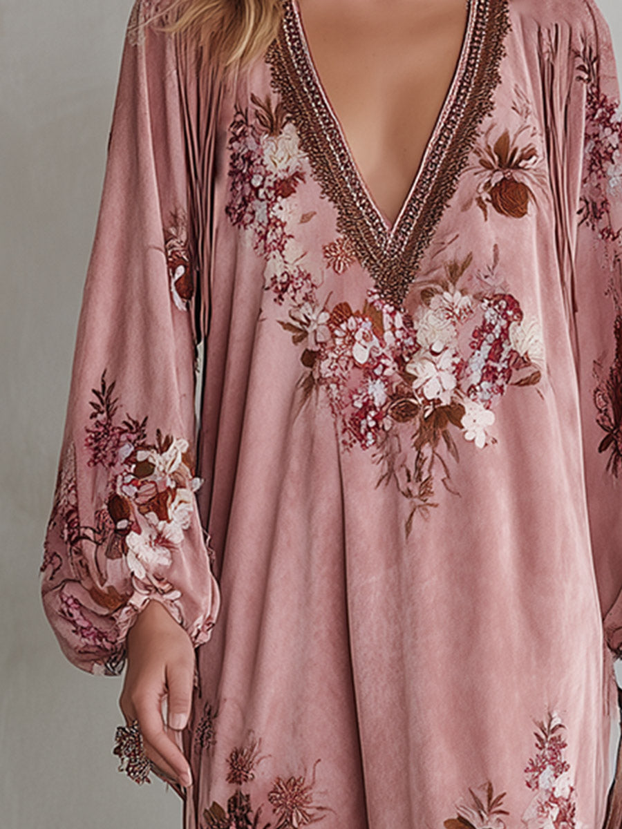 Vintage-style Fringed-hem Pink Floral-print Faux-suede Maxi Dress  - By Qivii