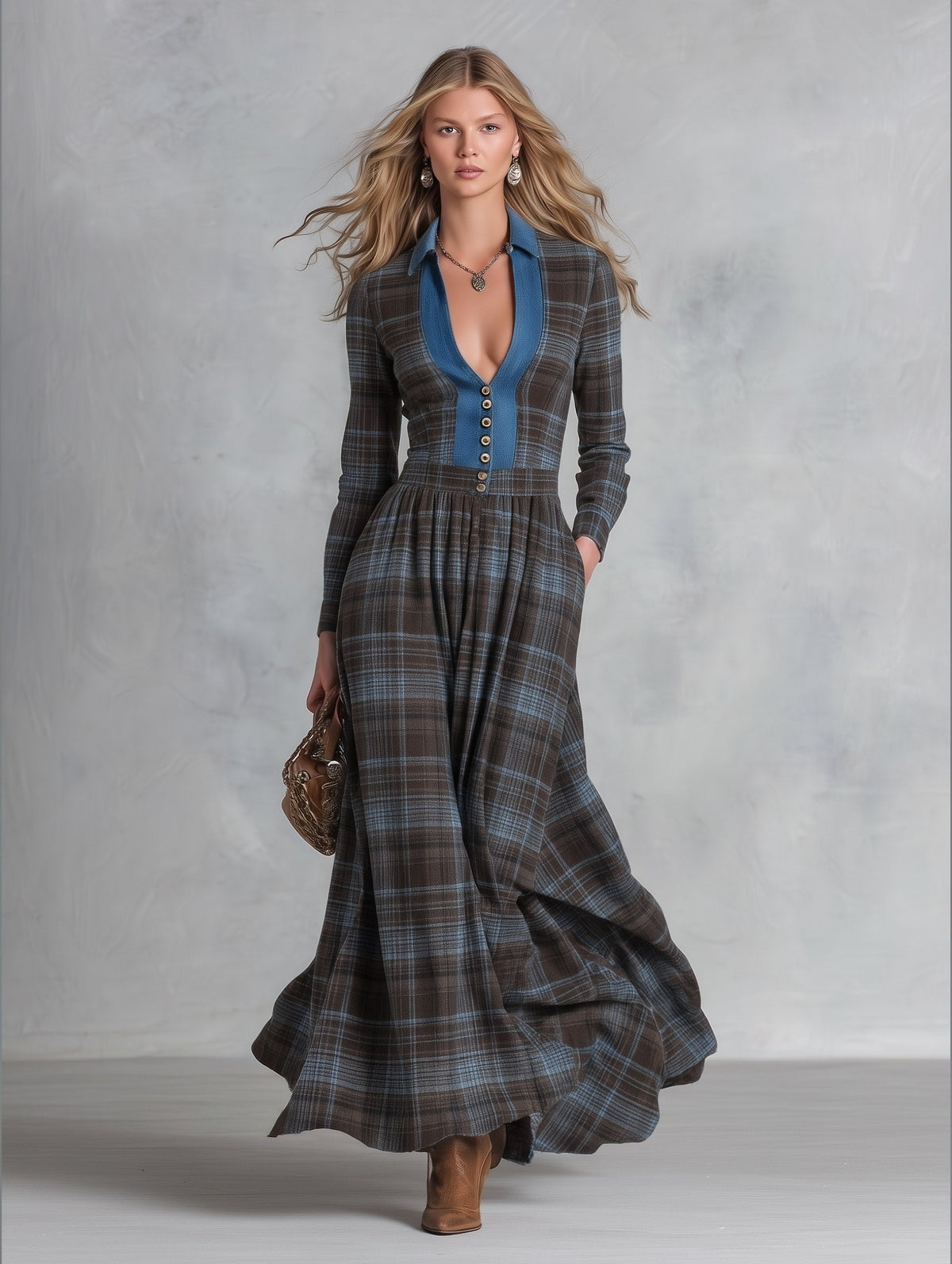 Vintage-Style Denim-Trimmed Brown and Blue Plaid Maxi Dress  - By Qivii