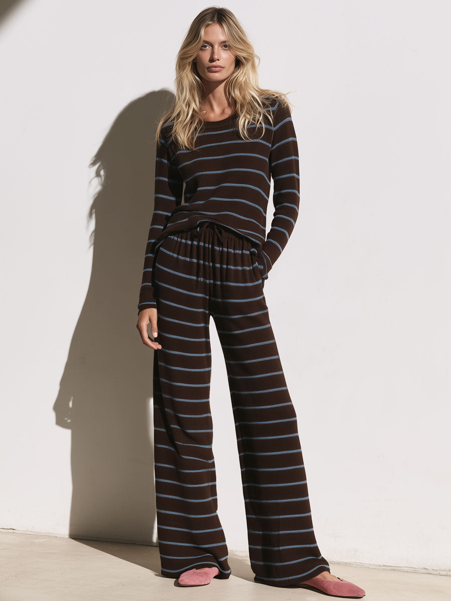 Women's Casual Blue-Brown Striped Wool Blend Crew Neck Sweater And Pants Set  - By Qivii