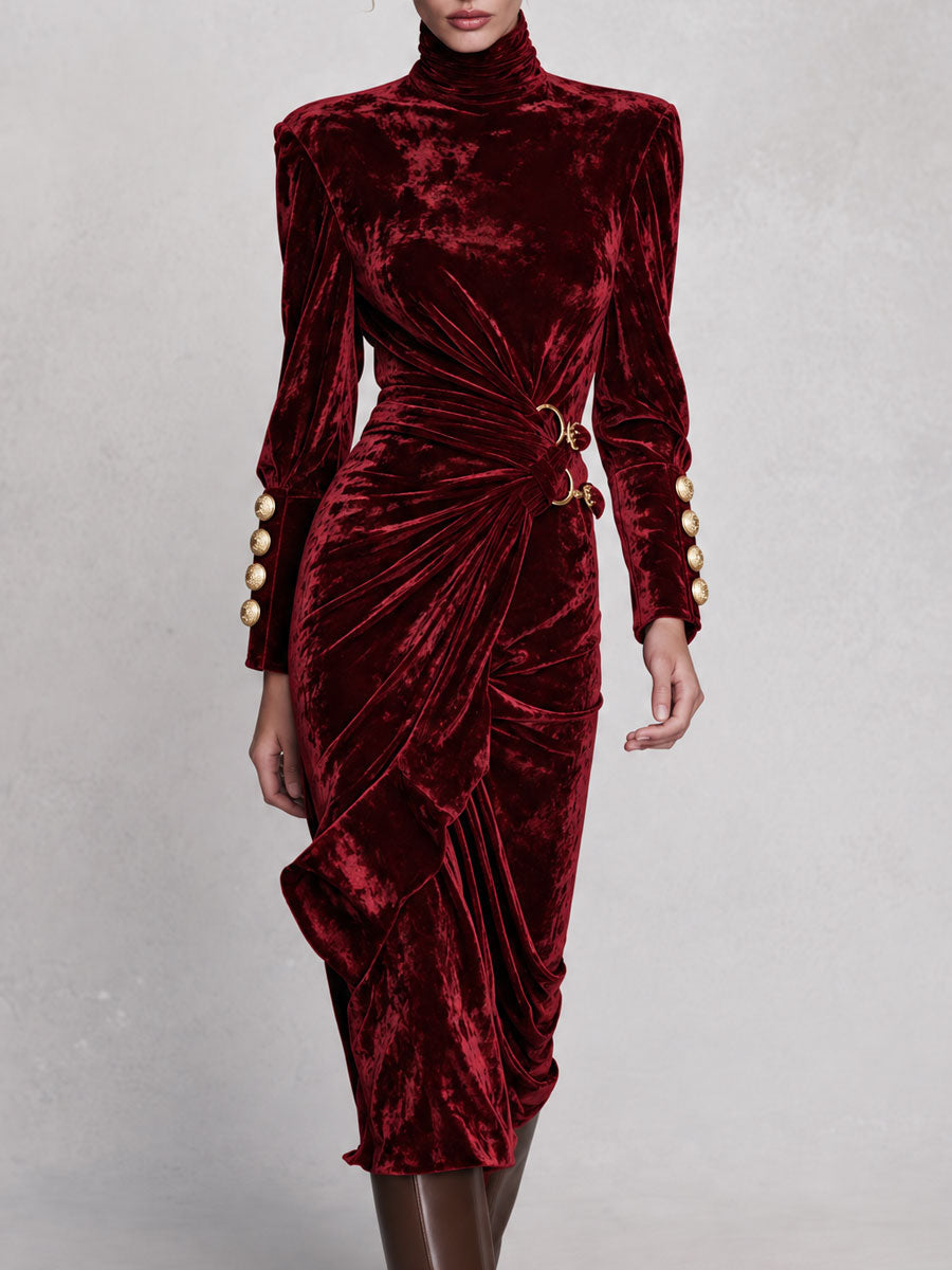 Vintage-elegant Burgundy High-neck Pleated Velvet Midi Dress  - By Qivii