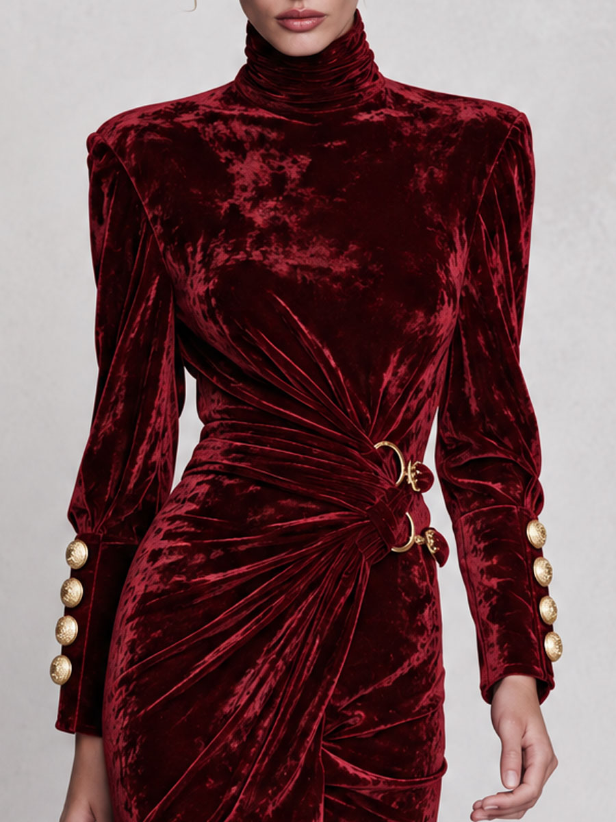 Vintage-elegant Burgundy High-neck Pleated Velvet Midi Dress  - By Qivii