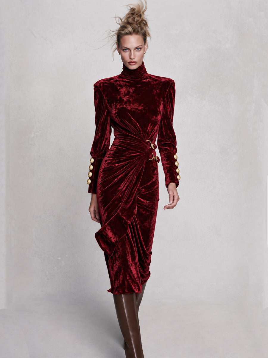 Vintage-elegant Burgundy High-neck Pleated Velvet Midi Dress  - By Qivii