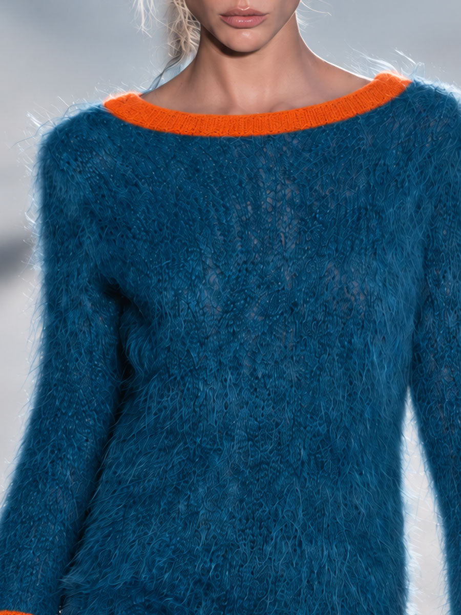 Retro-chic Color-blocked Trim Blue Tassel Bell Sleeve Knit Mini Dress  - By Qivii
