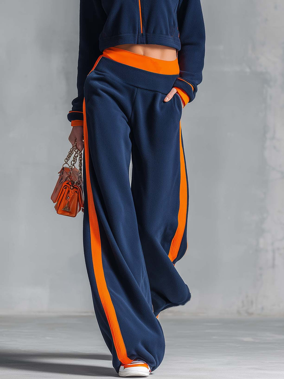 Retro Sporty Navy Color-block Polar Fleece Cropped Zip-up Jacket And Wide-leg Pants Set  - By Qivii