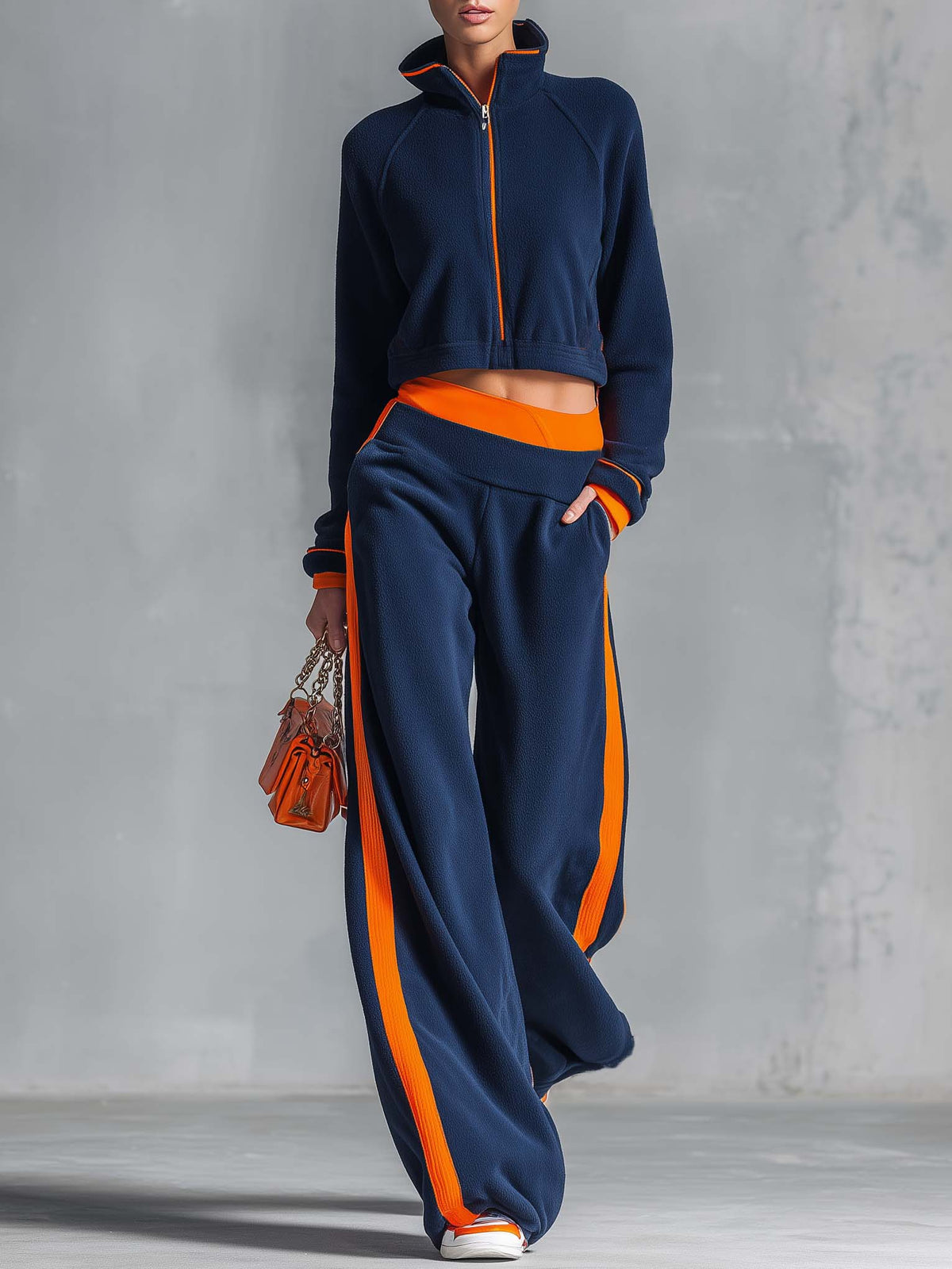 Retro Sporty Navy Color-block Polar Fleece Cropped Zip-up Jacket And Wide-leg Pants Set  - By Qivii