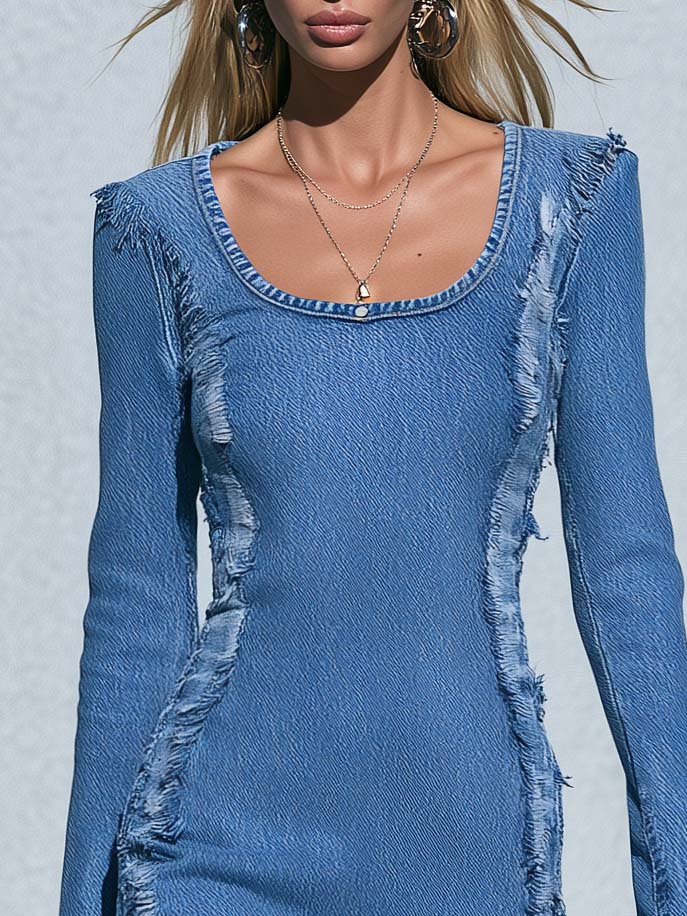 Street Chic Distressed Frayed Seam Scoop-Neck Long-Sleeve Bodycon Jean Mini Dress  - By Qivii