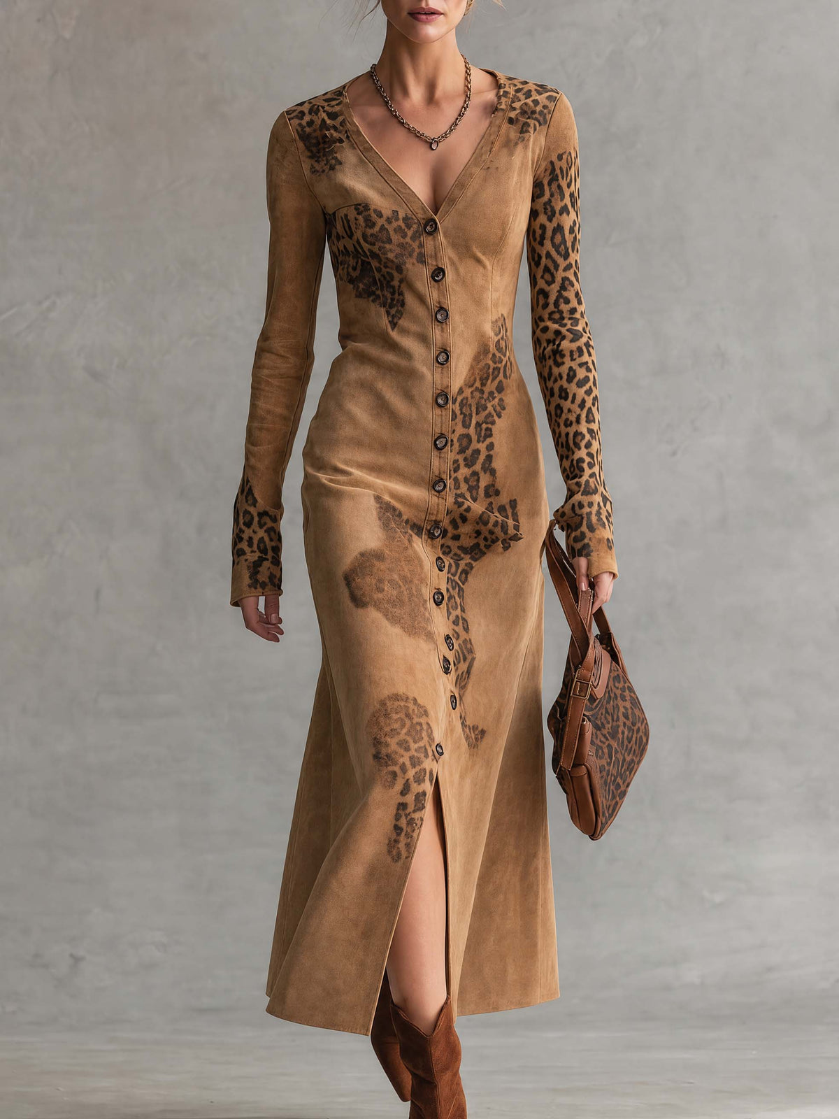 Vintage Western Faux Suede Leopard Print Button Down Long Sleeve Midi Dress  - By Qivii