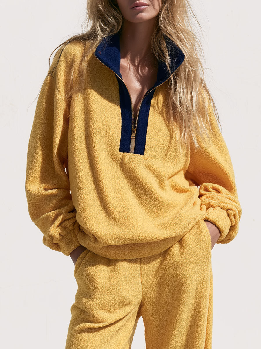 Women's Loose-fitting Color-blocked Double-sided Fleece Half-zip Sweatshirt And Pants Set  - By Qivii