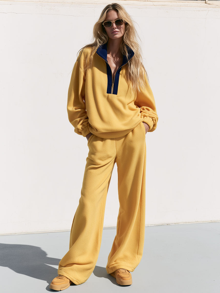 Women's Loose-fitting Color-blocked Double-sided Fleece Half-zip Sweatshirt And Pants Set  - By Qivii