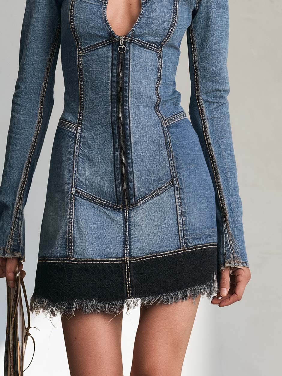 Retro Chic Patchwork Denim Keyhole Zip-Front Frayed Hem Long Sleeve Mini Dress  - By Qivii