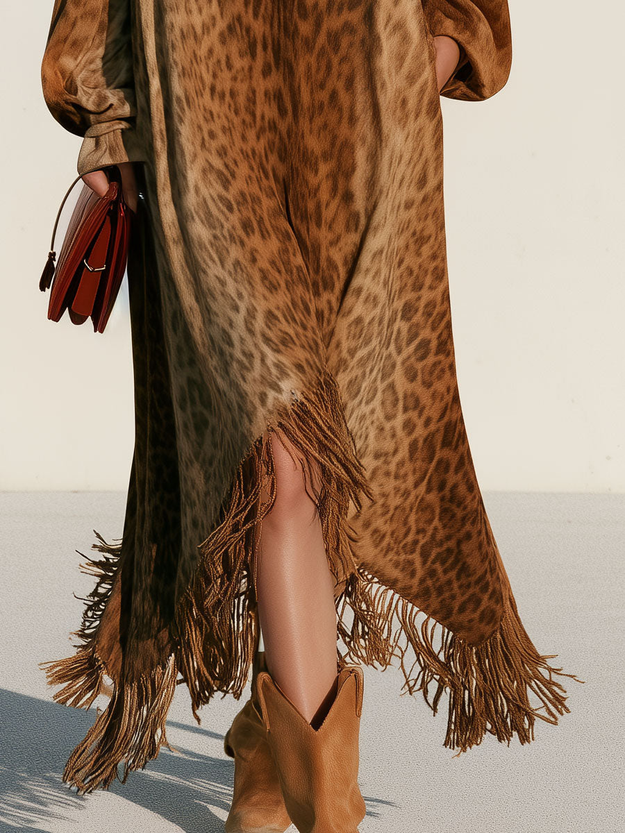 Women's Western-style Loose-fitting Color-blocked Faux Suede Leopard Print Tassel Midi Dress  - By Qivii