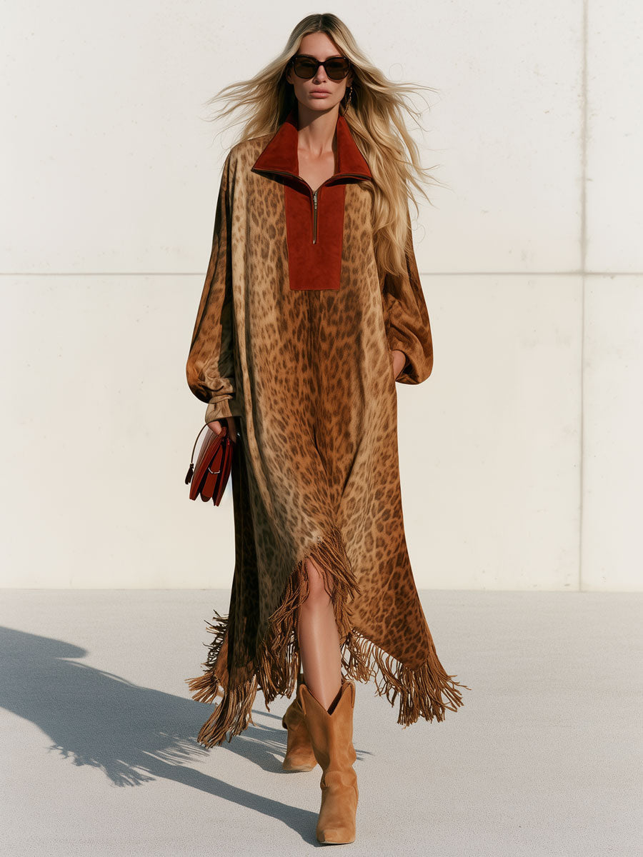 Women's Western-style Loose-fitting Color-blocked Faux Suede Leopard Print Tassel Midi Dress  - By Qivii