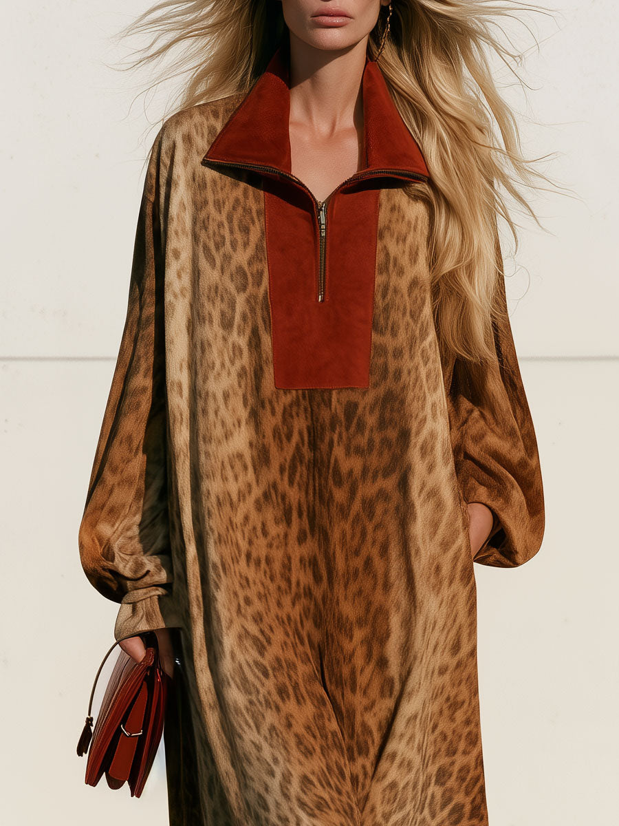 Women's Western-style Loose-fitting Color-blocked Faux Suede Leopard Print Tassel Midi Dress  - By Qivii