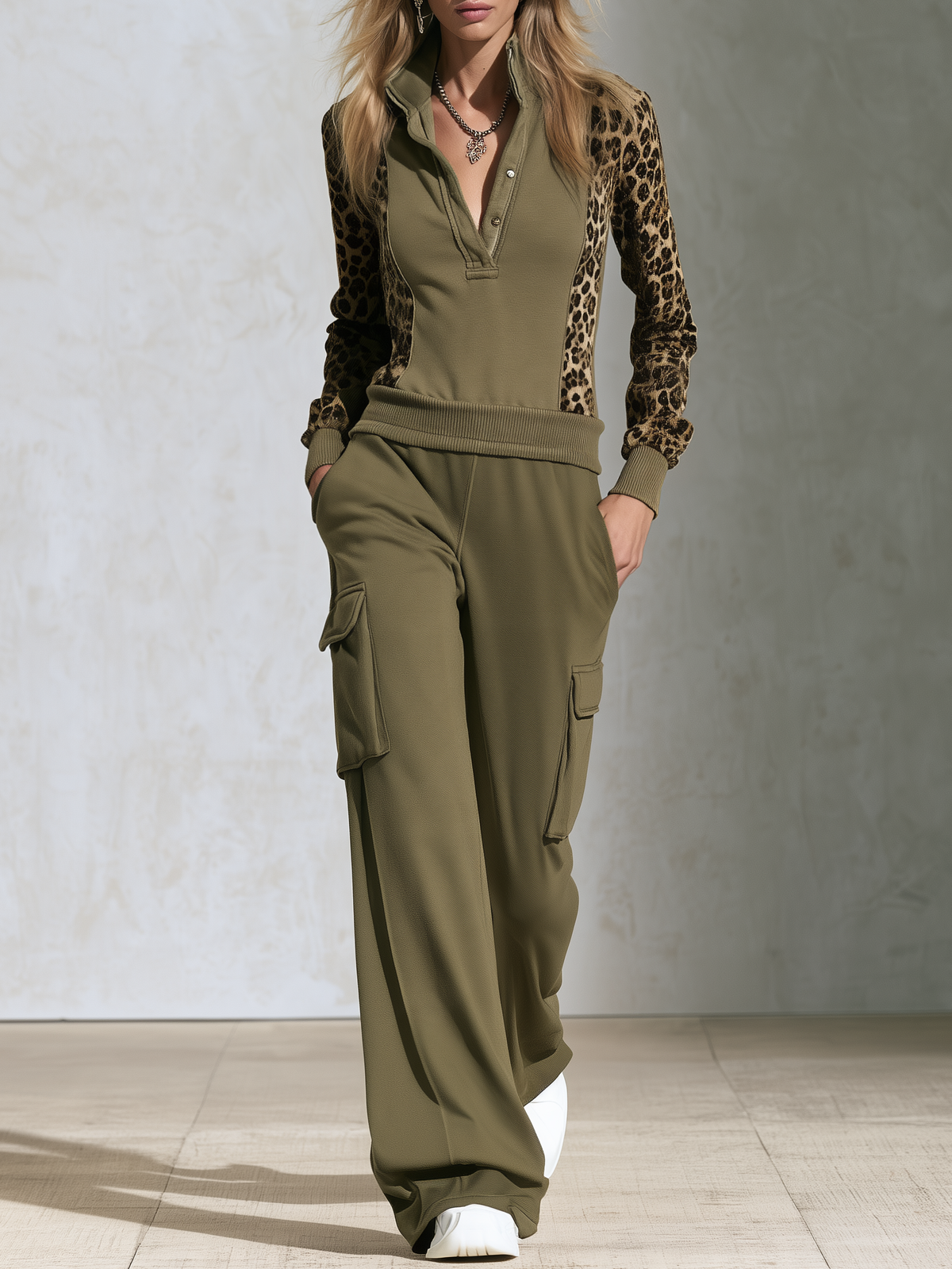 Retro Sporty Leopard Print Patchwork Velvet Zip-Up Track Set  - By Qivii