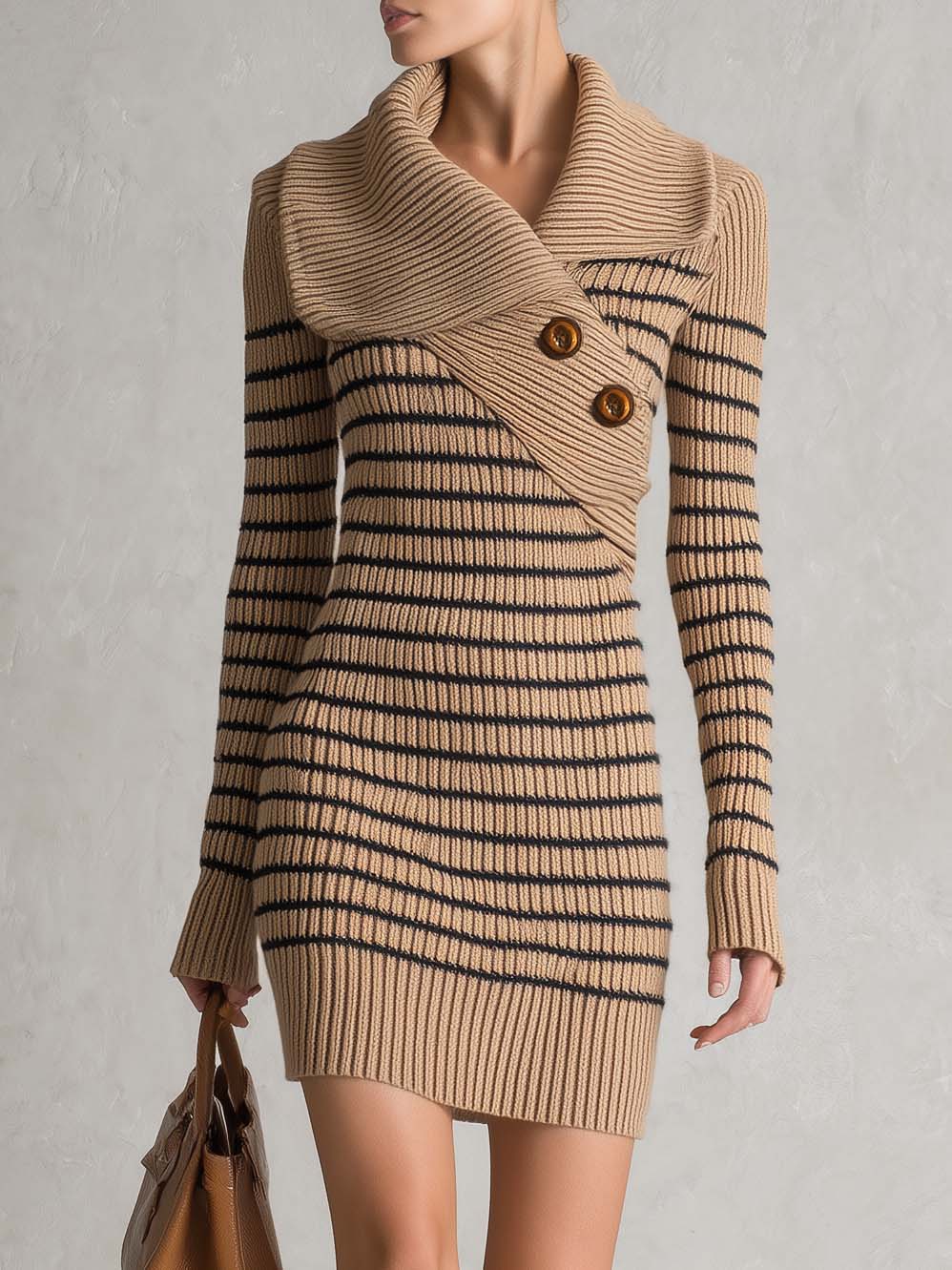 Retro Striped Shawl Collar Asymmetric Button Ribbed Long Sleeve Sweater Mini Dress  - By Qivii