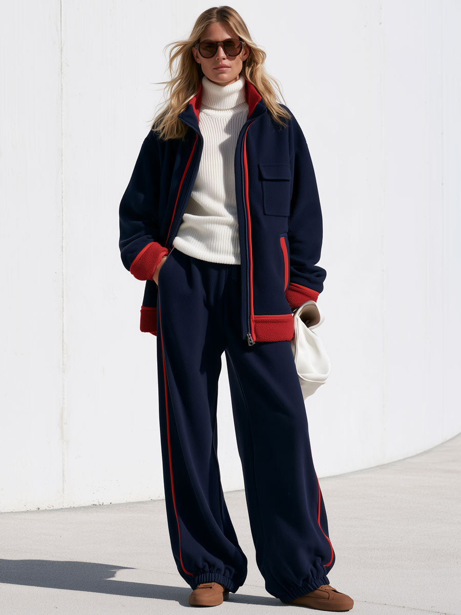 Women’s navy blue color-blocked fleece jacket and pants set by Oyrosy Clothing, loose-fitting double-sided fleece fabric.