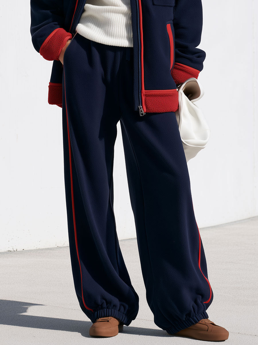 Women’s navy blue color-block fleece jacket and pants set by Oyrosy Clothing, loose-fitting double-sided fleece for cozy comfort.