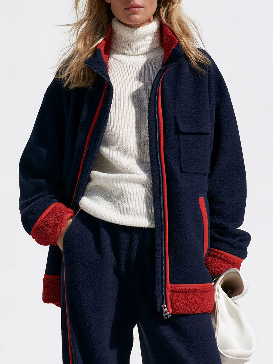 Women’s navy blue color-blocked fleece jacket and pants set by Oyrosy Clothing, loose-fitting double-sided fleece fabric.