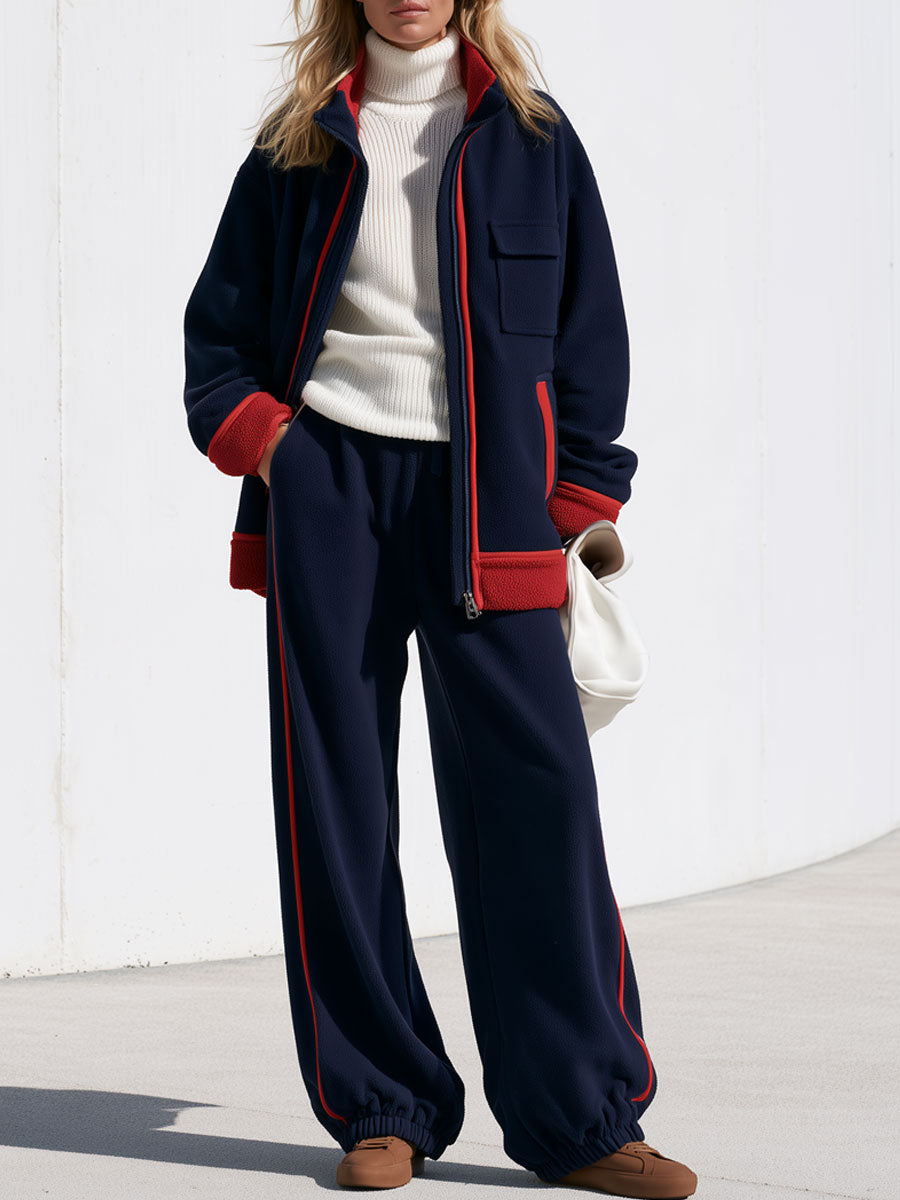 Women’s navy blue color-block fleece jacket and pants set by Oyrosy Clothing, loose-fit double-sided fleece with stylish design.
