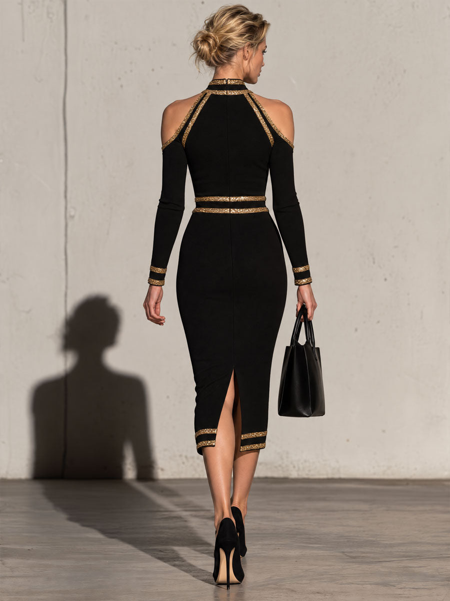 Elegant And Sophisticated Black High-neck Off-shoulder Long-sleeved Midi Dress  - By Qivii