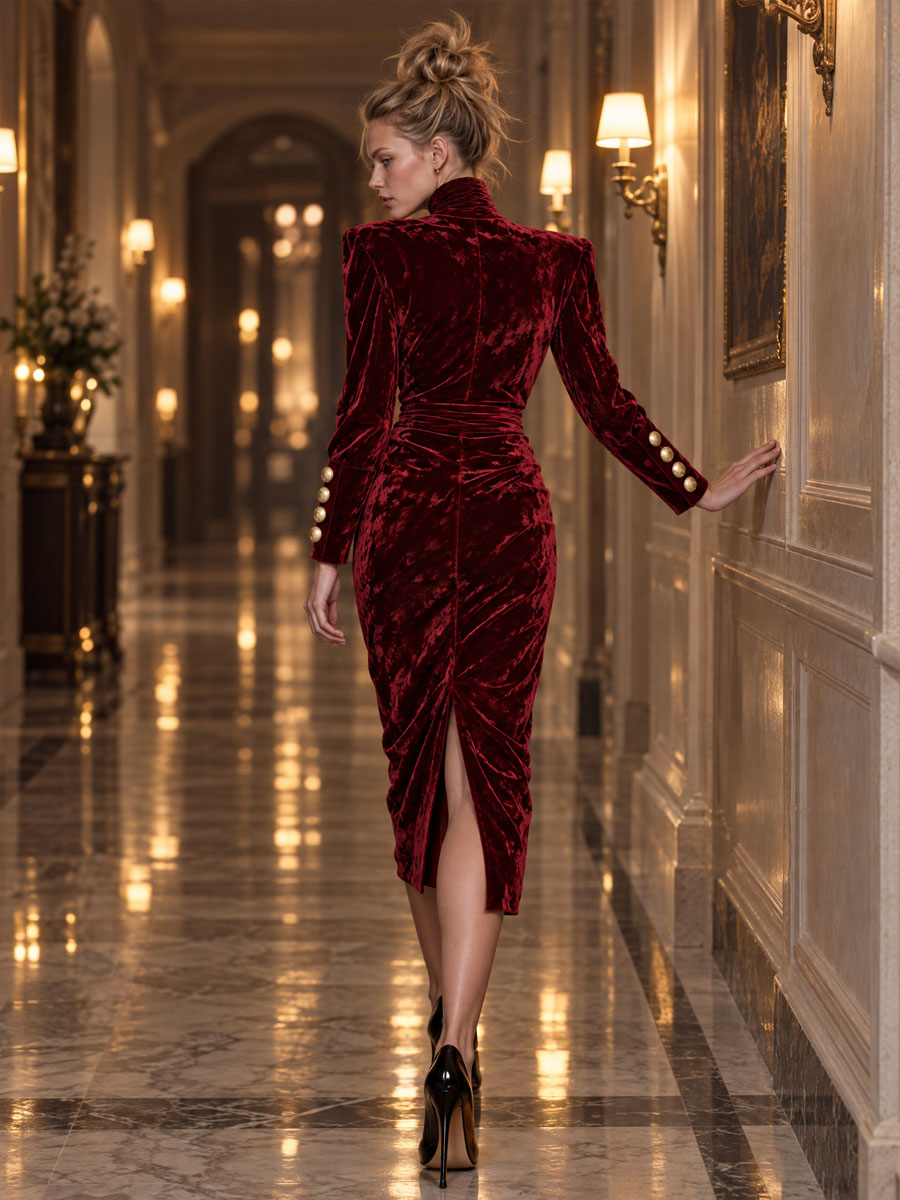 Vintage-elegant Burgundy High-neck Pleated Velvet Midi Dress  - By Qivii