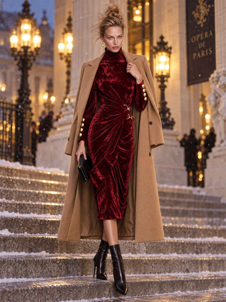 Vintage-elegant Burgundy High-neck Pleated Velvet Midi Dress  - By Qivii