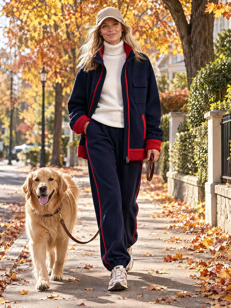 Women’s navy blue color-block fleece jacket and pants set by Oyrosy Clothing, loose-fitting double-sided fleece fabric.