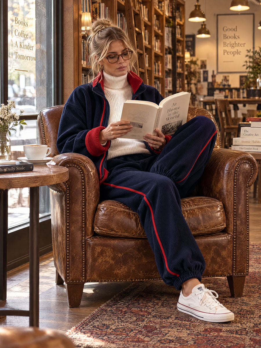 Women’s navy blue color-blocked fleece jacket and pants set by Oyrosy Clothing, featuring a loose fit and double-sided fleece fabric.