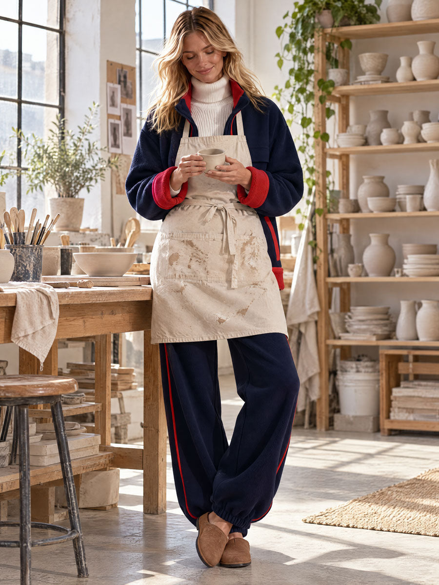Women’s loose-fitting navy blue color-block fleece jacket and pants set by Oyrosy Clothing, double-sided fleece, casual cozy style.