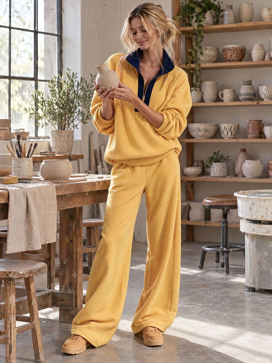 Women's Loose-fitting Color-blocked Double-sided Fleece Half-zip Sweatshirt And Pants Set  - By Qivii